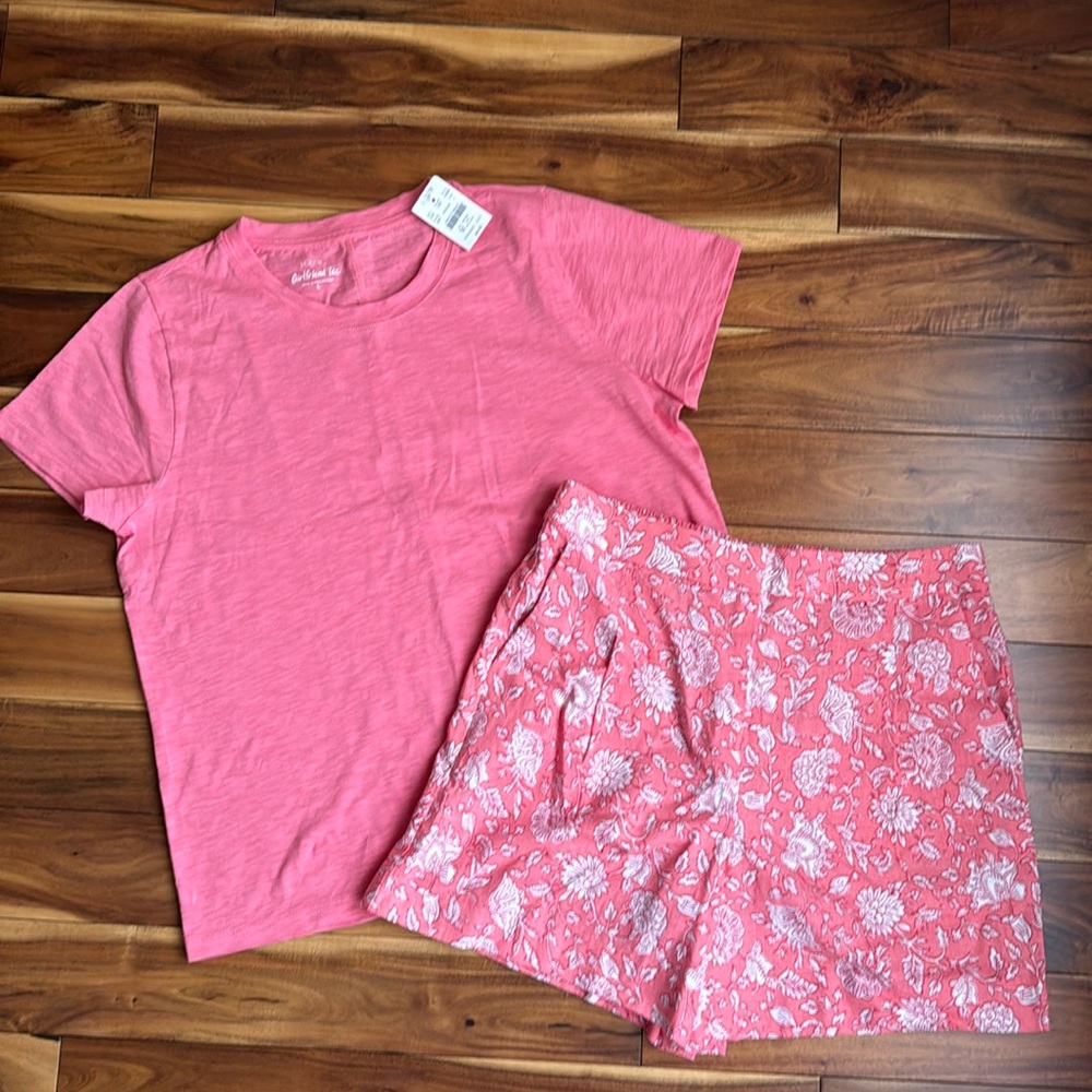 J. Crew Women’s Boyfriend Crewneck Tee T Shirt & Floral Linen Shorts NWT Beach